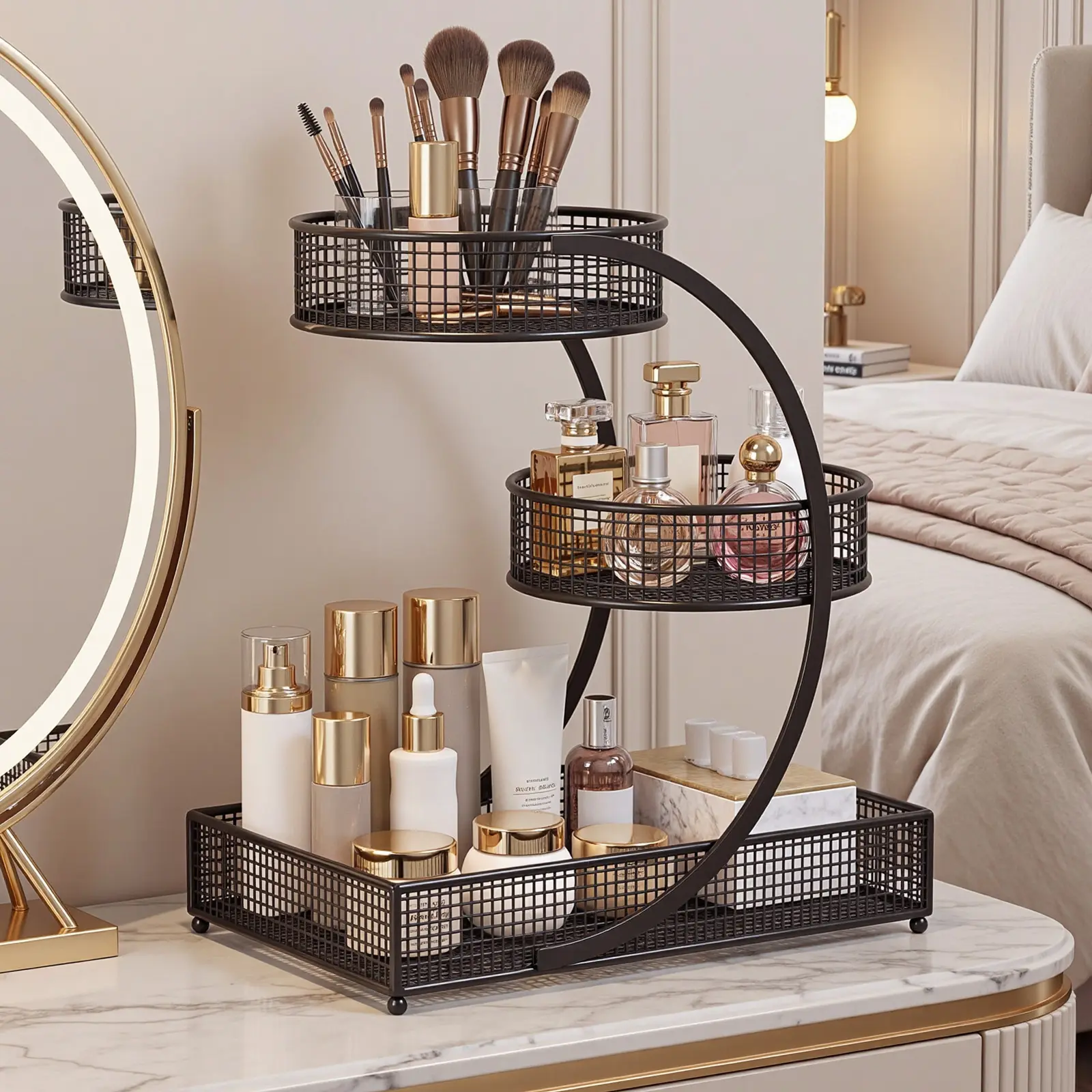 LOVEWE 3-Tier Metal Cosmetic Organizer - Vanity Table Countertop Storage Rack, Multipurpose Home & Office Organiser