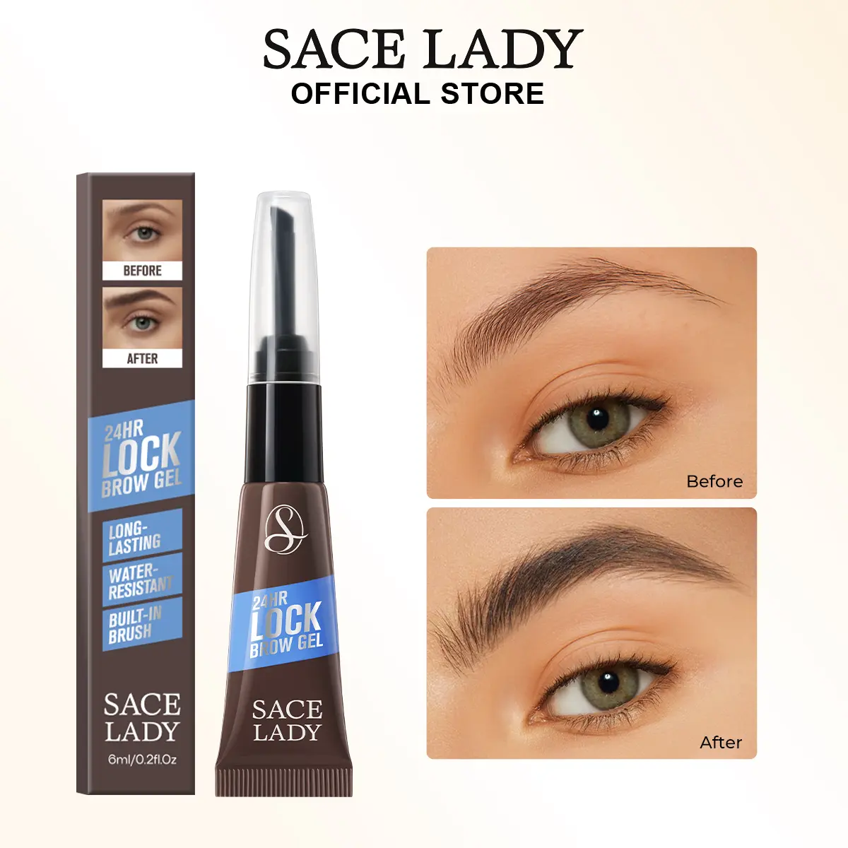 SACE LADY 24H Lock Eyebrow Gel - Waterproof Brown Eyebrow Styling Gel with Built-in Brush, Long-Lasting Pigmented Eye Makeup for Women, Enables Precisely Sculpted Brows, Fluffy Brows, Natural Look & Maintenance (SummerFinds)