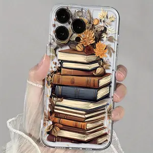 Transparent Protective Case, Display Stack of Floral Books, Luxury Soft Tpu Shockproof Phone Case, Compatible with iPhone 17-11 Pro Max
