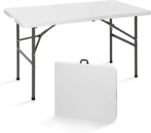 Portable 4 Foot Plastic Folding Table, Small Indoor Outdoor Heavy Duty Fold-in-Half Picnic Party Camping Barbecues Table with Carrying Handle, White