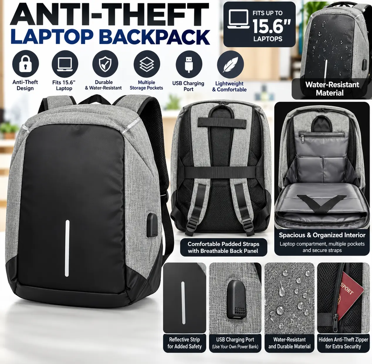 $99.99+ MSRP | Start $14.99 – Anti-Theft Laptop Backpack with USB Charging Port – Water-Resistant Travel & Business Bag