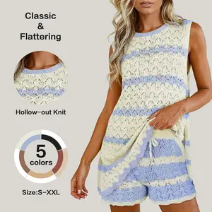 Fisoew Womens Striped Crochet Knit 2 Piece Set Sleeveless HollowOut Tank Top & Matching Shorts Breathable Beach Casual Outfit for Summer Vacation SpringStatements