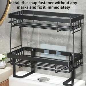 New 2 Layers Storage Shelf over Toilet Bathroom Storage Rack above Toilet Tank Shelf Detachable Metal over Toilet Shelf Punch Free Installation Black Organiser Steel