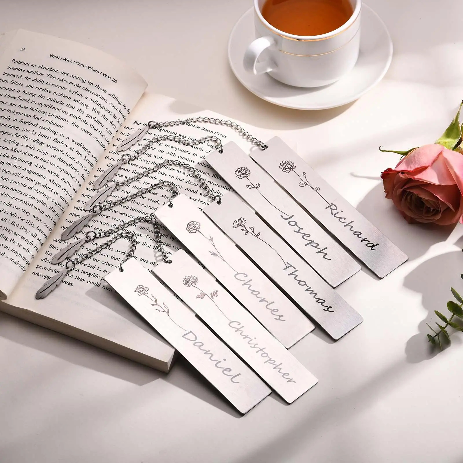 Vnox Custom Name 12 Month Flower Bookmark, Zodiac Constellation Accessory, Never Fade Stainless Steel Plate with Feather Charm