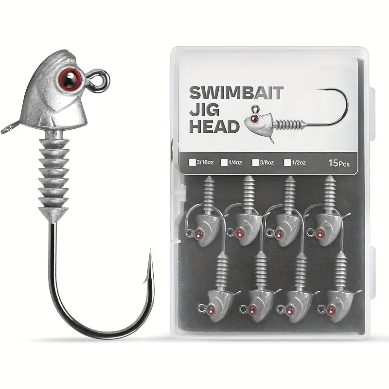 15pcs Metal Swimbait Jig Heads Fishing Lures Set - Stacked Cone Keeper, Minnow-Style Eye Artificial Fishing Lure, 4 Weights (3/16, 1/4, 3/8, 1/2oz) for Secure Hooking, Four Weights