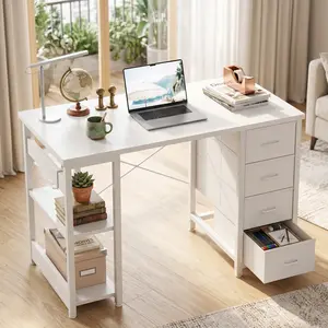 40 Inch Small White Computer Desk, 4 Fabric Drawers & Two-Tier Storage Shelves, Modern Office Desk For Home Office Gaming & Study, Sturdy Metal Frame & MDF