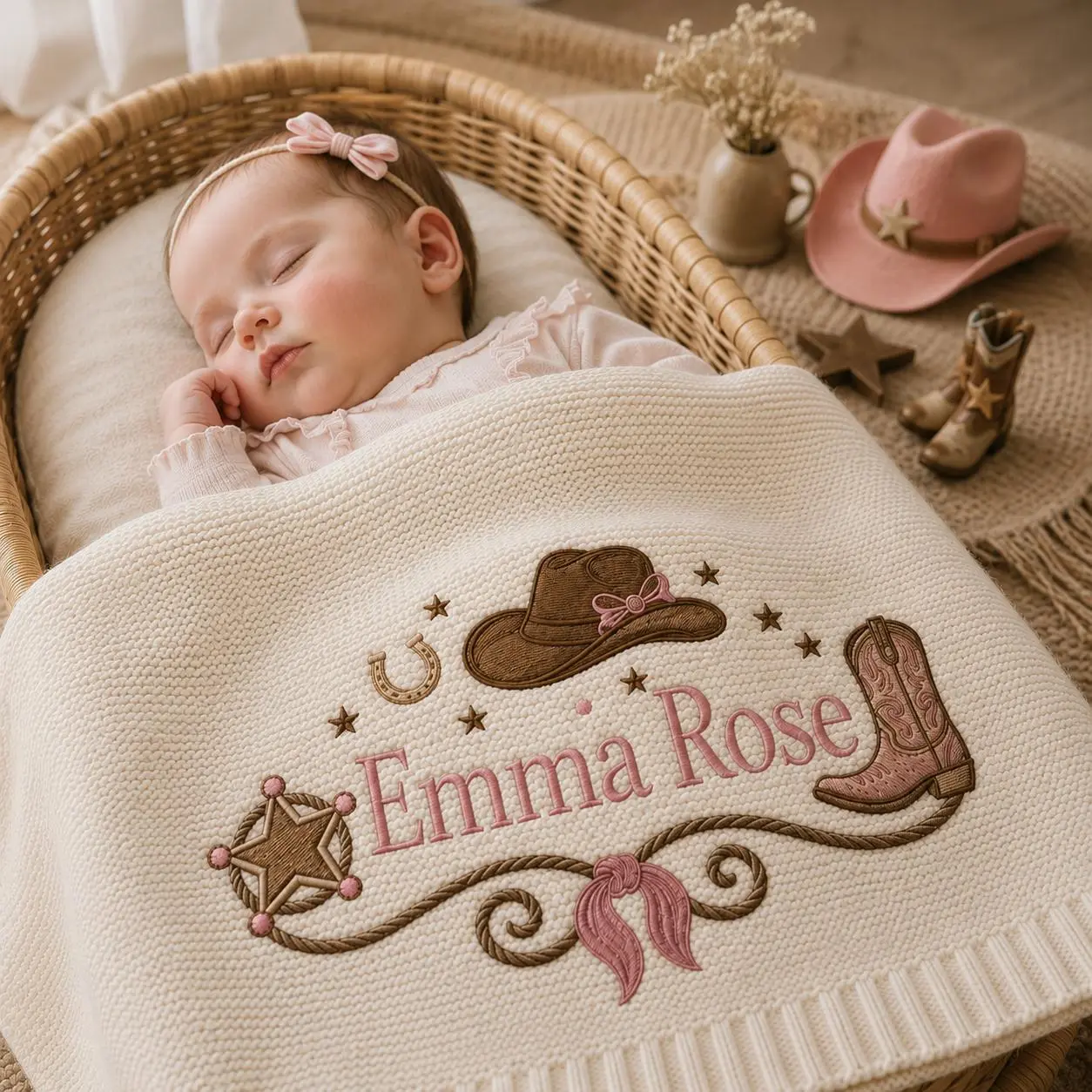 [Made-to-Order] Personalized Embroidered Cowgirl Baby Blanket, Custom Knit Baby Blanket with Name for Newborn, Western Boots Hat Cactus Horse Gift, Keepsake Newborn Gift