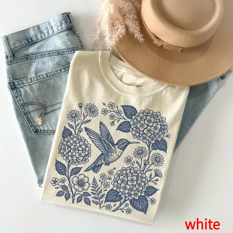 white Colors Hummingbird Floral T-Shirt, Vintage Botanical Wildflower Tshirt, Cottagecore Garden Tee, Nature Clothing, Gift For Women