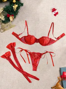 Red Bull co-ord sets for women Christmas 12-Piece Women's Lingerie Set, Sexy Embroidered Bra, Thong & Socks, High-Quality Comfortable Fitted Sheer Bind Waist Panties, Underwear Women