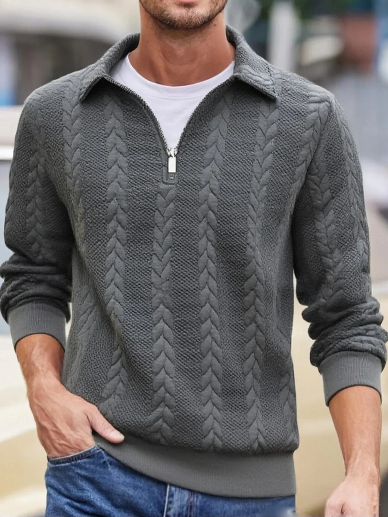 A men's solid color striped half-zip long sleeve hoodie, a regular version of a casual long sleeve pullover, comfortable fabric, warm, for wearing in autumn and winter, men's daily outfit, men's hoodie.