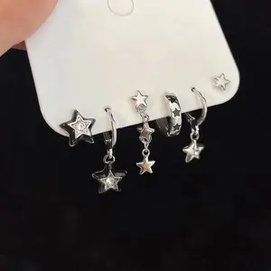 US-LUX - 6pcs Set Earring Silver Color Star Dangle Earrings Vintage Metal Geometric Drop Earring for Women Fashion Trendy Y2K Jewelry