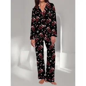 Women's Christmas Pajama Set, Long Sleeve Button Front Shirt and Pants, Autumn/Winter Casual Pajamas, Creative Party GiftsRAIMENTRY