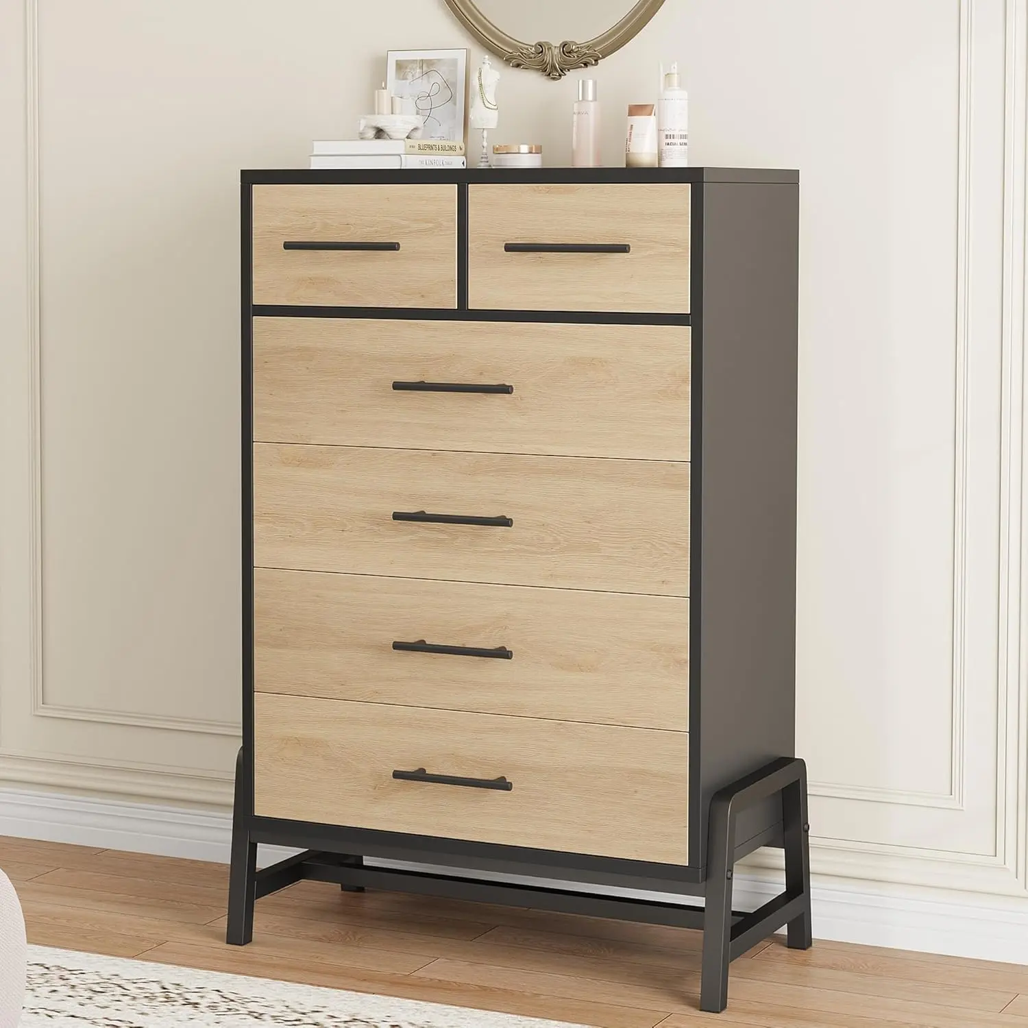 OP-Garvee 4+2 Drawers Dresser, Dresser for Bedroom, Fabric Storage Tower, Chest of Drawers, Wood Organizer Unit for Closets, Living Room, Easy Pull Fabric Bins coffee tables Corduroy Sofa bed frame LED with Glass Top Detachable Bunk Twin High