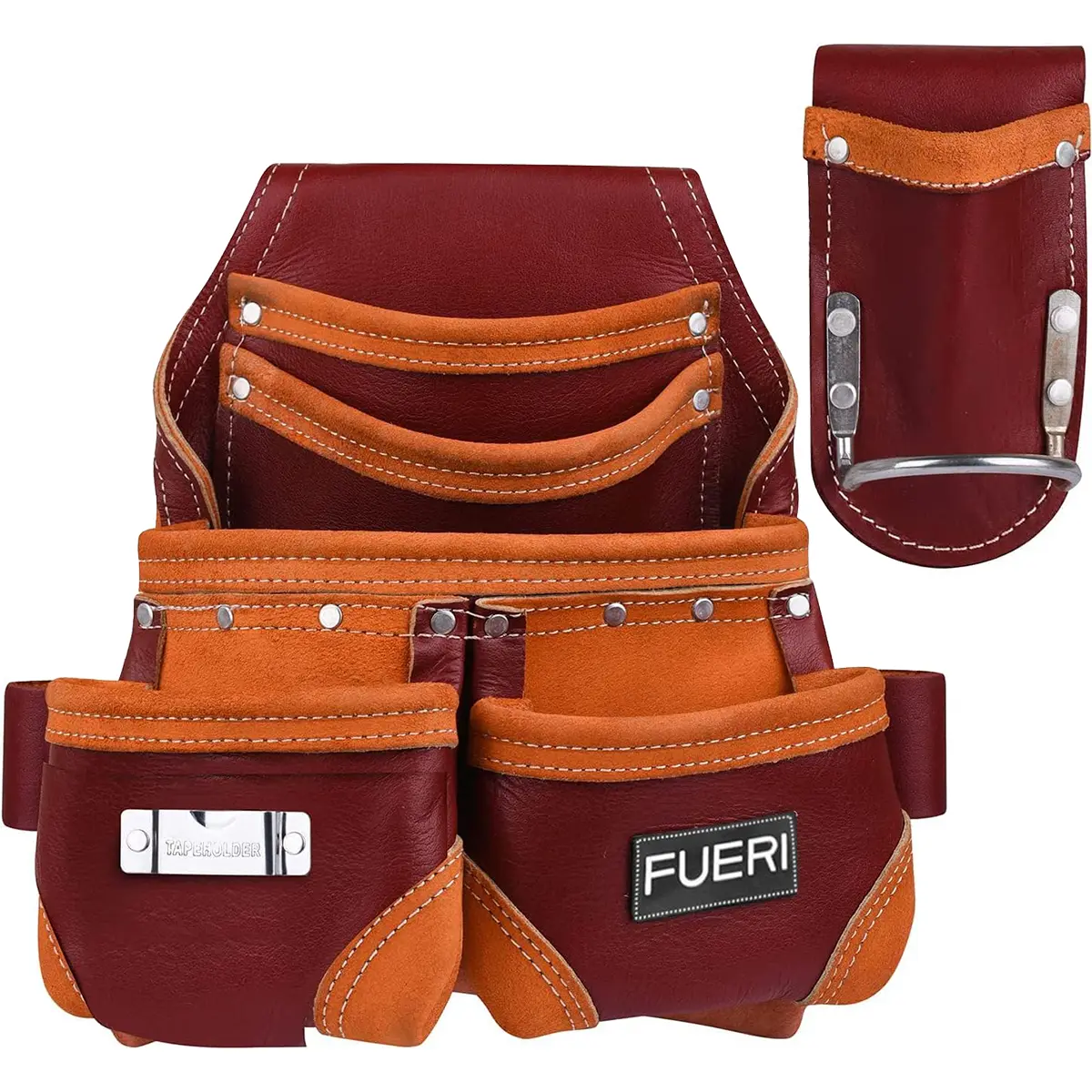 FUERI Professional 5-Pocket Heavy-Duty Grain Leather Tool Pouch Organizer with Hammer Holder, Tool Belt for Electricians, Construction, Roofing, Plumbing, Construction Tool Pouch