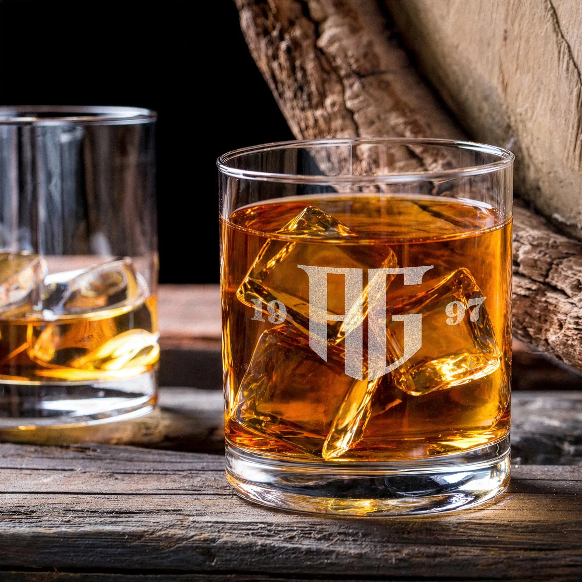 Personalized Whiskey Glass | Monogram Year Design | Custom Engraved Rocks Glass
