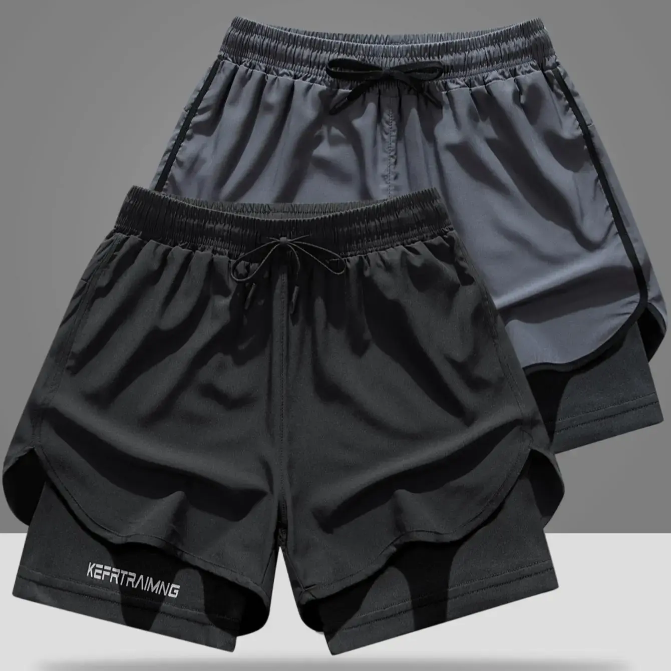 Two-piece, double-layer sports shorts featuring a loose outer layer and a snug lining that combine perfectly for breathable, quick-dry performance—ideal for running, workouts, and everyday casual wear; summer vibes, Father’s Day gift.