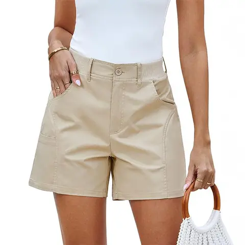 luvamia Women's High-Rise Chino Shorts - Trendy Minimalist Basic Nashville Style, Ribbed Elastic Waist, Comfy Fitted Womenswear Bottoms with Pockets, Plus Size Summer Casual Shorts