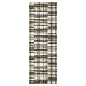 2 x 6 ft Polyester Brown Beige Rectangular Hallway Entryway Bathroom Kitchen Geometric Checkered Beige Modern Machine Washable Runner Rug-A