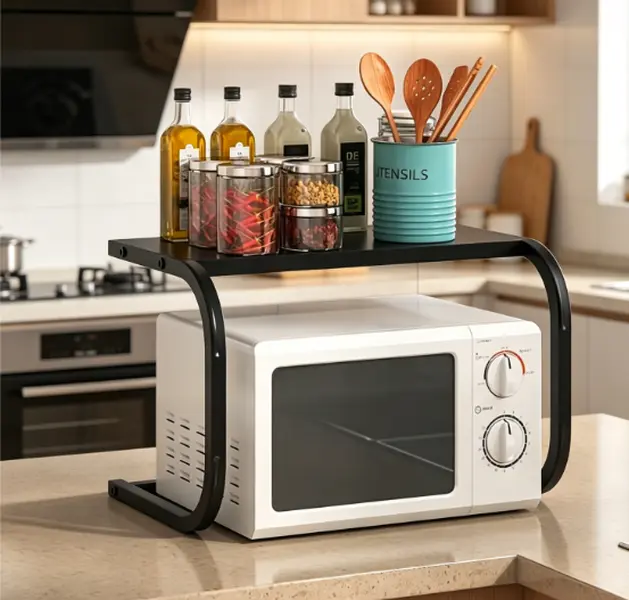 Sturdy Compact Kitchen Countertop Storage Organiser - Space-Saving, Heavy-Duty Appliance Hold for Microwave, Rice Cooker, Multi-Use Home Supplies Rack