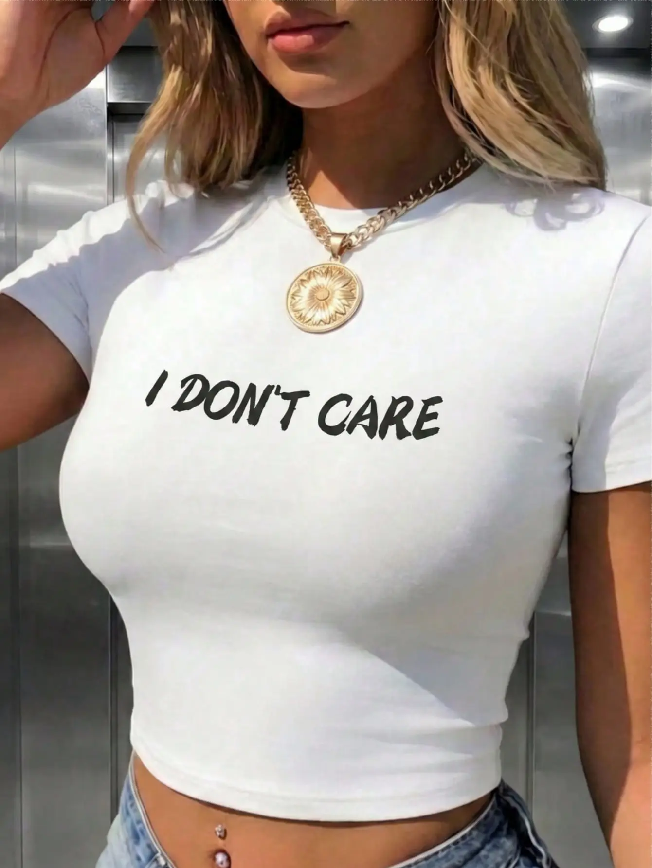 I Don't Care Slogan Pattern Women Short Sleeve Round Neck Crop Slim Fit T-Shirts,For Spring Summer,Casual Vacation Simple Office Style,Women T Shirt Black