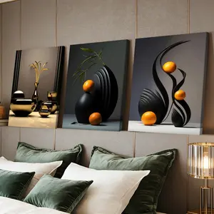 3 Counts Wooden Framed Canvas Painting, Modern Abstract Golden Vase And Black Sculpture With Orange Art Images, Exquisite Poster, Perfect Living Room Decoration, Modern Art, Fashion Family Poster, Wall Art Decoration, Waterproof Art