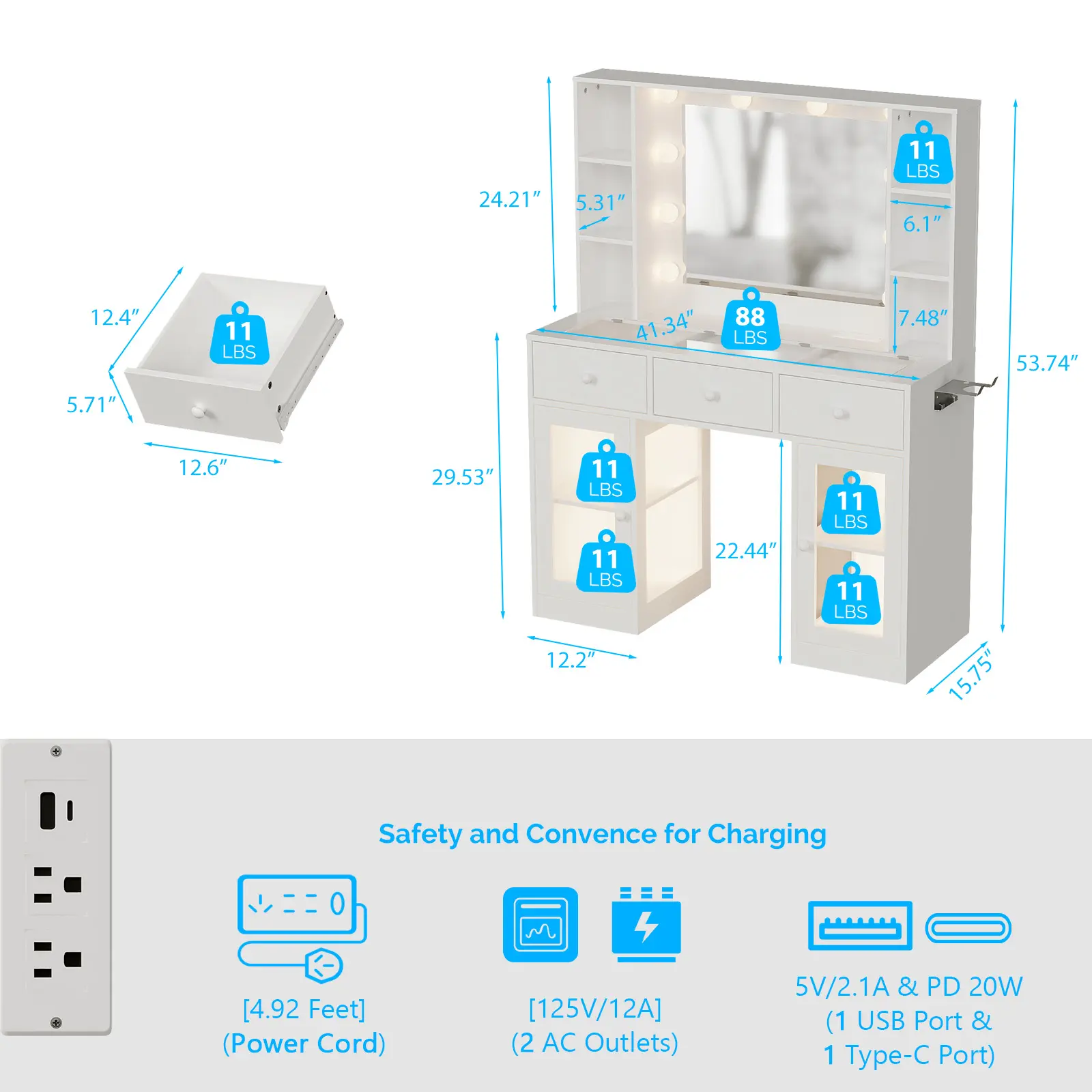 Ktaxon Vanity Table with RGB Lights & 3-Tone Dimmable Bulbs - Glass Top Dresser with 3 Drawers, 2 Glass Doors & 2 Side Shelves | Built-in Power Strip, Hair Dryer Holder Ktaxon Vanity Table with RGB Lights & 3-Tone Dimmable Bulbs - Glass Top Dresser with 3 Drawers, 2 Glass Doors & 2 Side Shelves | Built-in Power Strip, Hair Dryer Holder