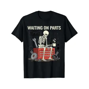 Waiting On Parts Mechanic Skeleton Graphic T-Shirt, Funny Auto Shop Cotton Oversized Comfort Outfit, Car Guy Humor Fashion Tee, Casual Crew Neck Black Short Sleeve Top, Perfect Valentine’s Day & Holiday Gift For Mechanics