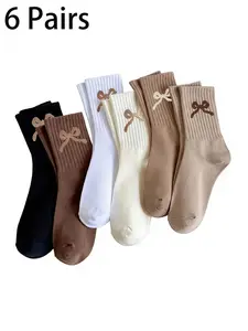 6 Pairs Women's Bow Embroidery Striped Knee-High Socks, Soft Comfortable Trendy Campus Style, Suitable for Daily Wear All Seasons