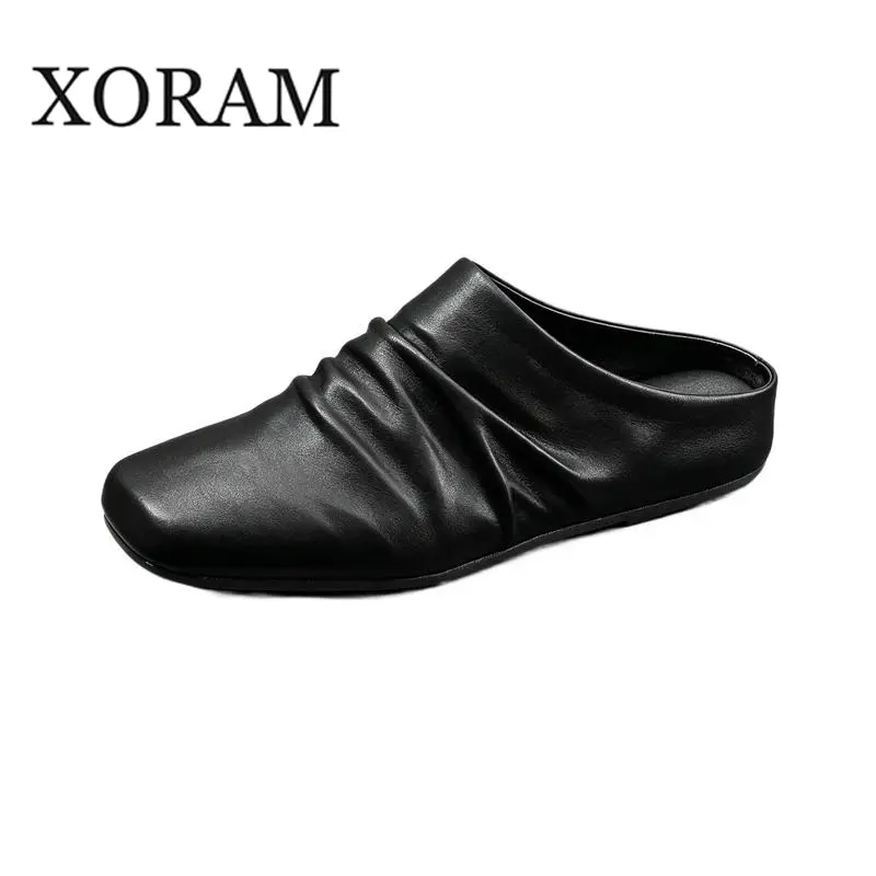 Men's Pleated Loafers, Square Toe Backless Slip On Mules, Business Casual Dress Footwear with Flat Heel Rubber Sole, Flat Heel (1 Cm Or Less)