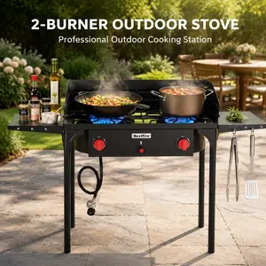 BESTFIRE 150,000 BTU 2-Burner Propane Outdoor Stove – Includes Wind Panel, Removable Legs,  Side Shelves, Auto Ignition, Heavy Duty Outdoor Gas Cooker for BBQs, Home Brewing, Turkey Frying & Backyard Cooking