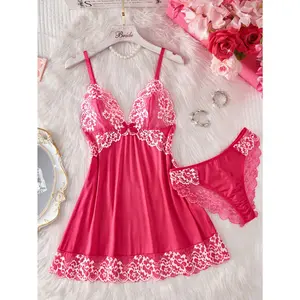 2pcs Contrast Floral Lace Sleepwear Set, V-Neck Semi-Sheer Bow Tie Nightgown And Panties, Elegant Women Pajamas