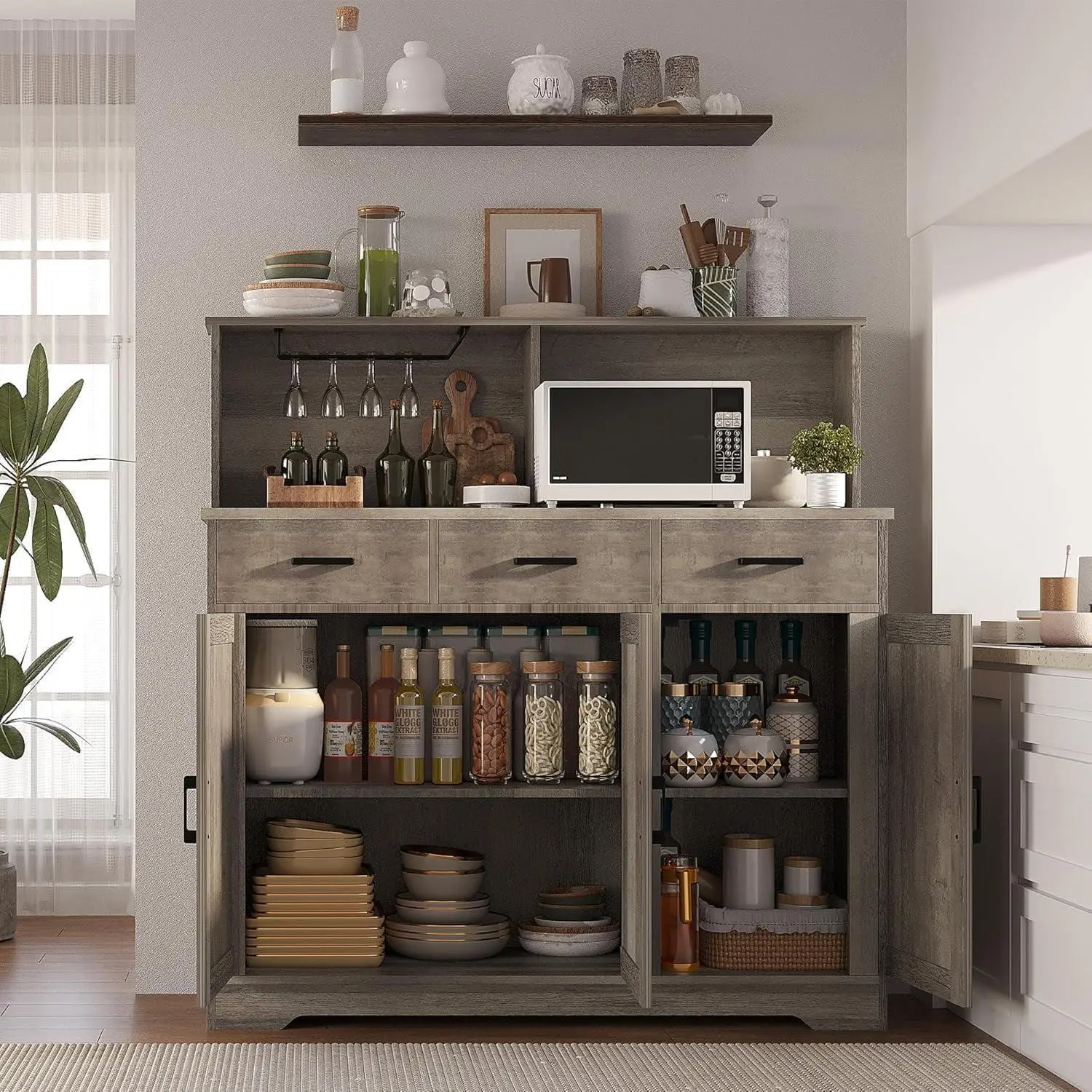 Microwave Cabinet with Three Drawers  Double-Sided Modern Kitchen Furniture  Kitchen Storage Cabinet with Drawers and Doors Microwave Storage Cabinet Multi-Door Microwave Stand  Grey