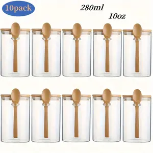 LDQ 10pcs Bamboo Lid Glass Jars with Spoons - Airtight Leakproof Kitchen Condiment Containers for Spices, Dry Food Storage, Home & Commercial Use (Ideal for Camping)