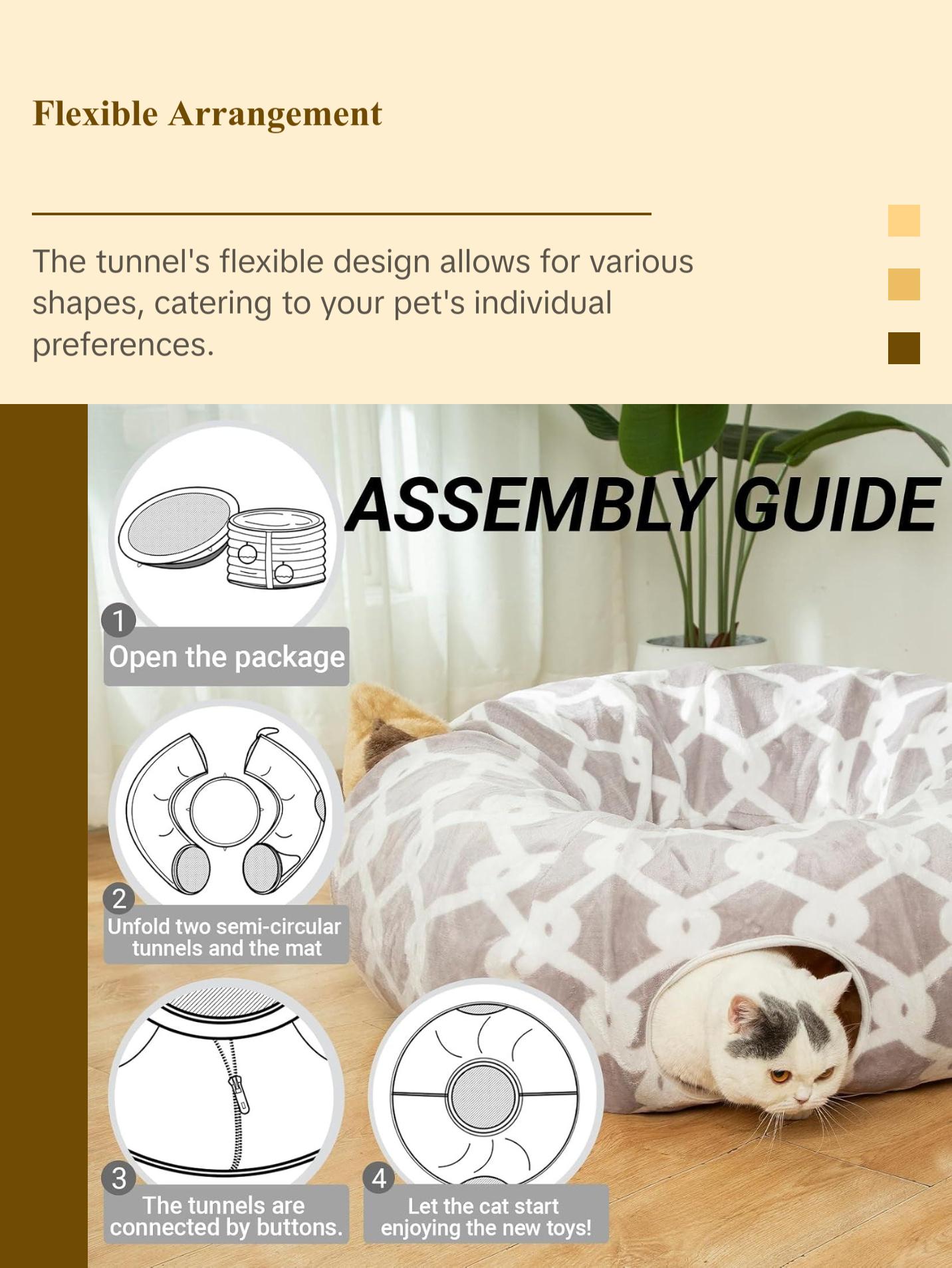 Large Cat Tunnel Bed with Plush Cover,Fluffy Toy Balls, Small Cushion and Flexible Design- 10 Inch Diameter, 3 Ft Length- Great for Cats, and Small Dogs, Gray Geometric Figure