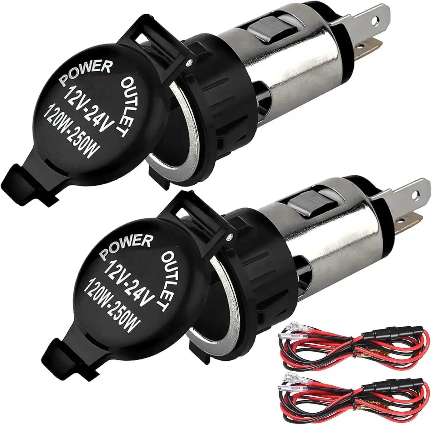 2-Pack 12V DC Car Cigarette Lighter Sockets - Waterproof Female Power Outlets with Cover, Replacement Wiring Kit for Automotive, Truck