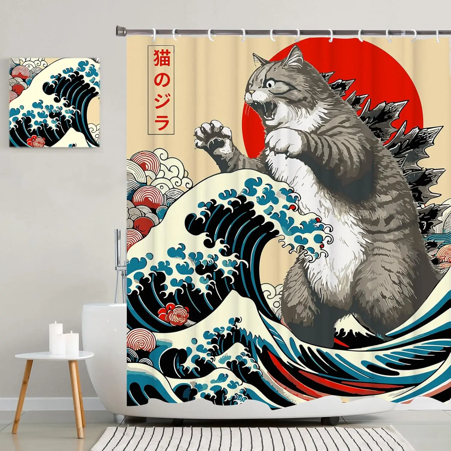 [Back to School] Funny Japanese Cat Shower Curtain, Vintage Cat Art Japan Anime Sunset Wave Waterproof Shower Curtain with Hooks, Animal Fabric Shower Curtains Bathroom Decor