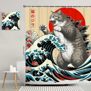 Funny Japanese Cat Shower Curtain, Vintage Cat Art Japan Anime Sunset Wave Waterproof Shower Curtain with Hooks, Animal Fabric Shower Curtains Bathroom Decor