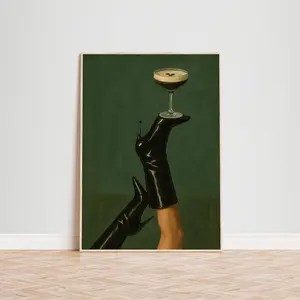 Espresso & Heels Poster | Feminine Moody Cocktail Wall Art | High Heel Fashion Poster | Chic Girly Apartment Décor