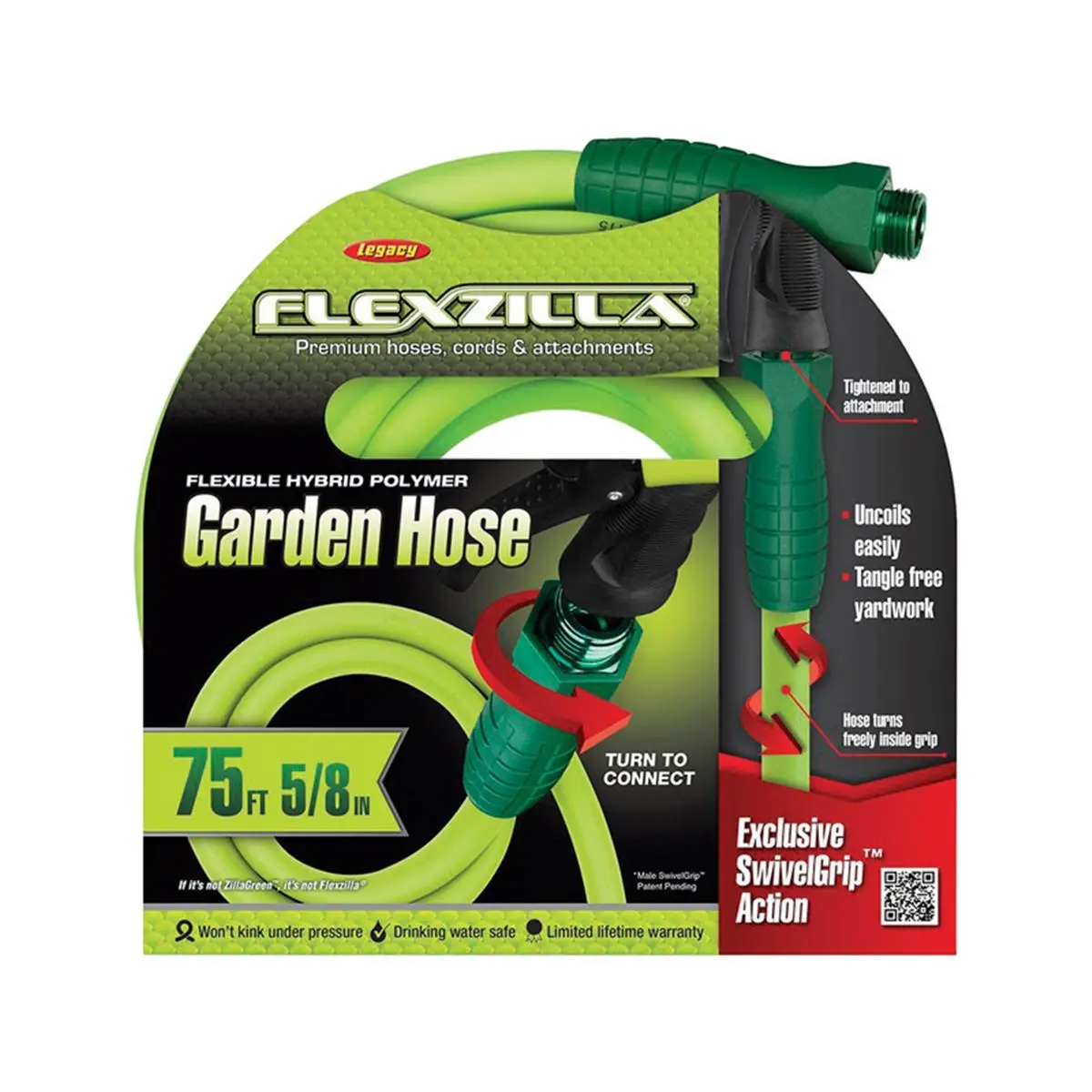 Legacy Kink-Resistant Flexzilla Garden Hose - 0.62 in. Dia. x 75 ft., Anti-Kink Design for Home Improvement, Garden Watering