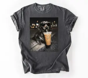 Comfort Colors® Funny Dachshund Drinking Iced Coffee T-shirt, Animal Meme Graphic Tee, Gift for Men, Women