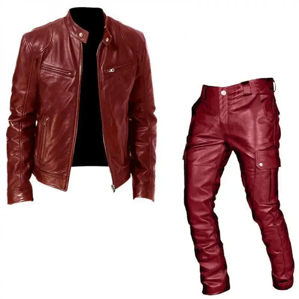 Men's Suit Leather Clothing Leather Pants Two-Piece Leather Casual Suit Menswear Long Sleeve.