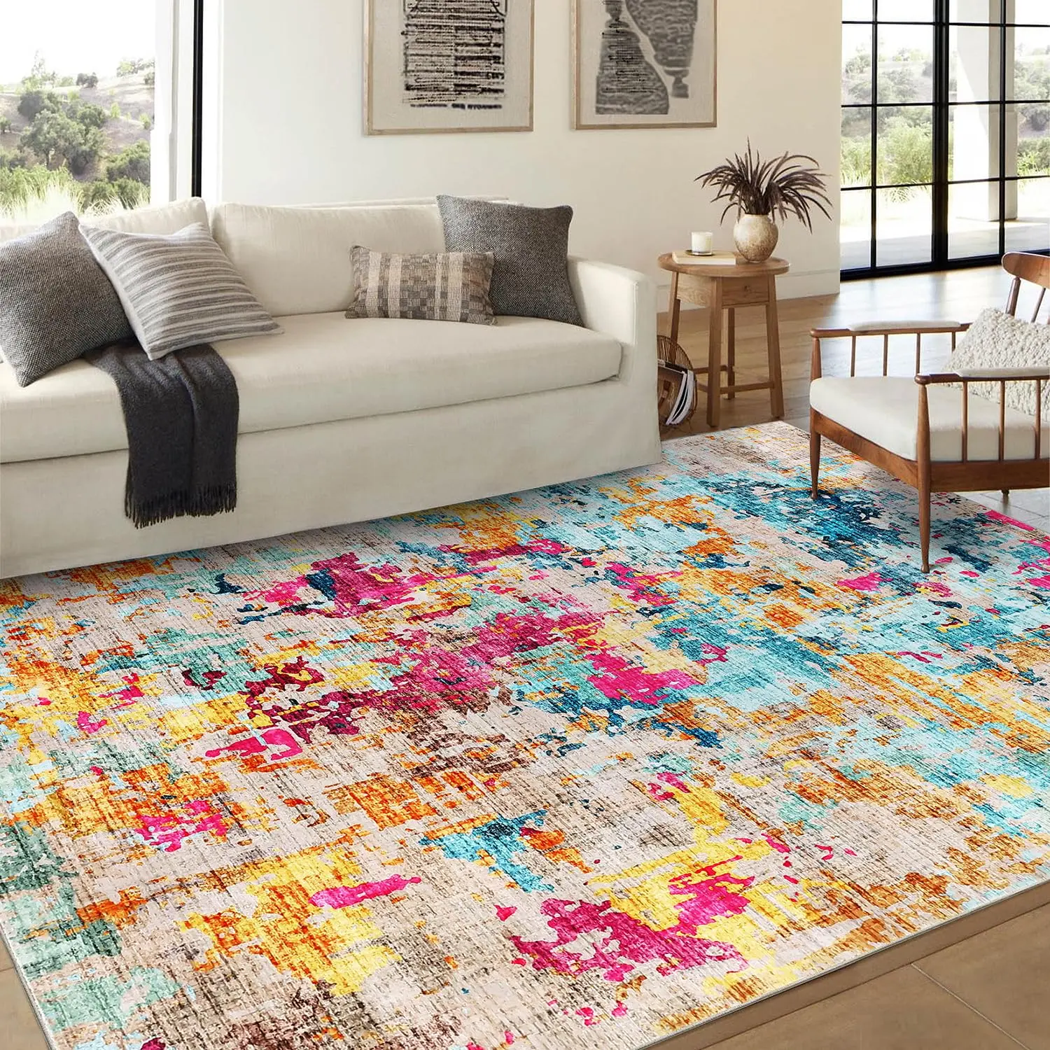 5x7 Washable Area Rug, Soft Colorful Modern Abstract Rug for Bedroom, Living Room, Dining Room & Office, Low Pile Non-Slip Boho Design (Multi)