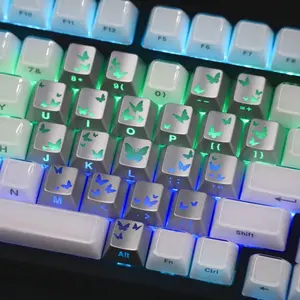 Silver Color Butterfly Heart Side Engraved Keycaps, Keyboard Keycap, Original Height Heat Sublimated Pbt Material, 21 Keys Compatible with Wooring Xiaoya