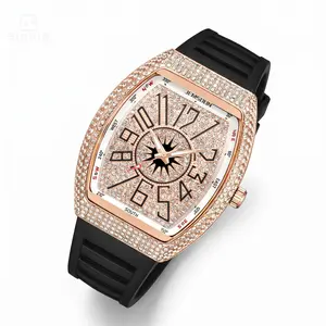 Mens Iced Out Tonneau Watch - Luxury Bling Crystal Compass Dial with Silicone Strap Unique Compass Dial Summer Sport Watch with Rubber Band