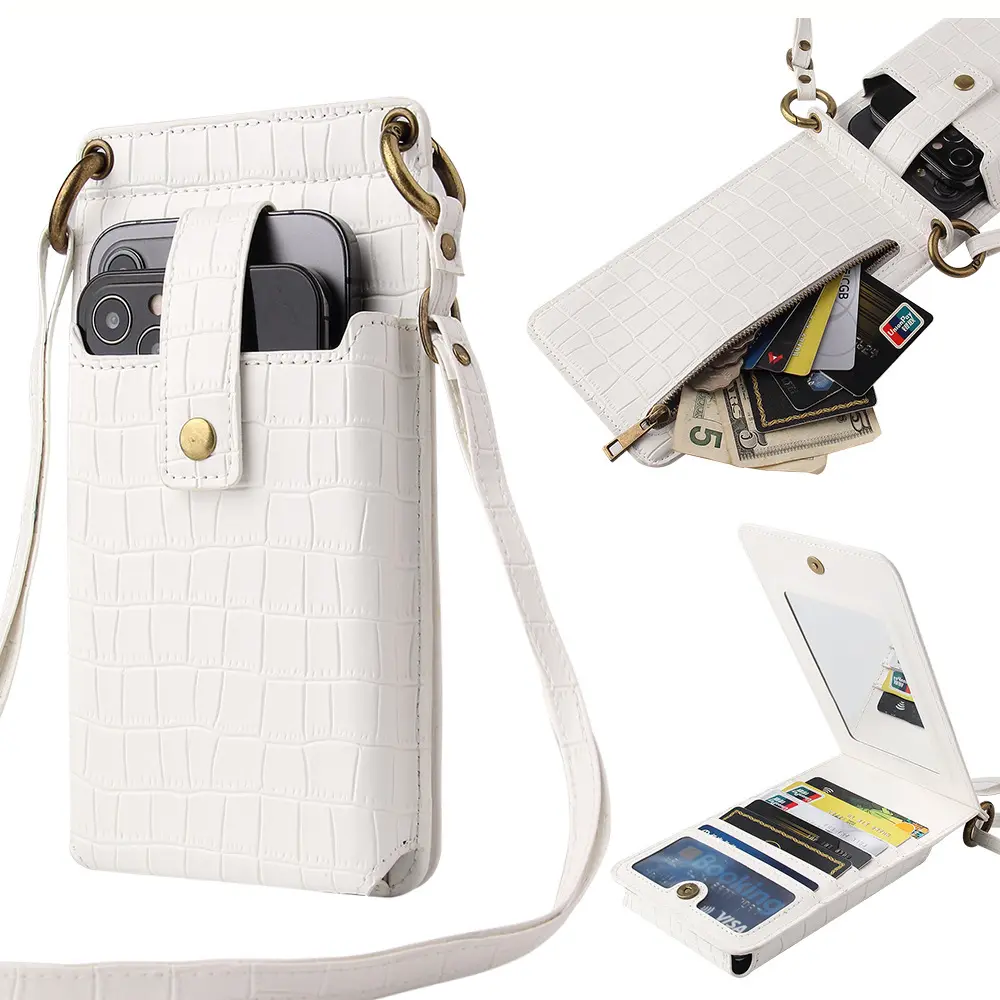AdorerCare Stylish Mini Cell Phone Bag Synthetic Leather Crossbody Wallet Purse with Mirror Card Slots Adjustable Shoulder Strap Crocodile Pattern For Women Girls