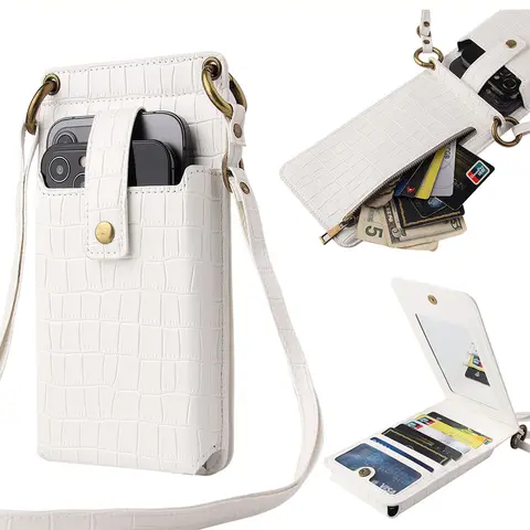 Adorer.care Stylish Mini Cell Phone Bag Synthetic Leather Crossbody Wallet Purse with Mirror Card Slots Adjustable Shoulder Strap Crocodile Pattern For Women Girls