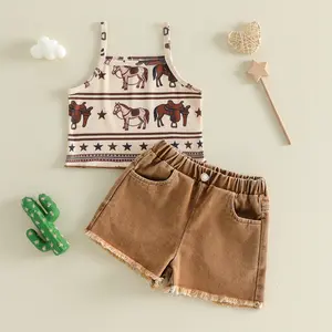 Afunbaby Toddler Baby Girls Western Outfits Set Horse Print Camisole Tops and Frayed Denim Shorts Set Cute Clothes
