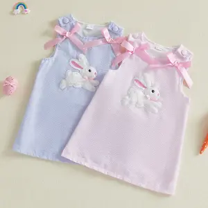 Toddler Baby Little Girl Easter Dress Sleeveless Crew Neck Bunny Embroidery Striped Tank Dress Summer 1-5 Years