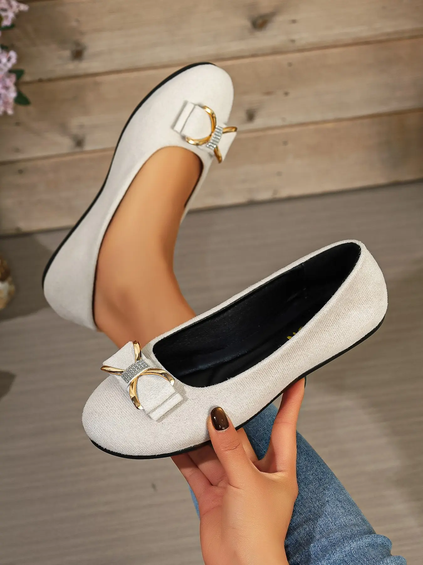 Women's Fashion Round Toe Slip-On Flats, Bow Decor Casual Shoes, Ballerina Flats Shoes, Comfortable Textile Upper, Durable Rubber Sole, All Seasons