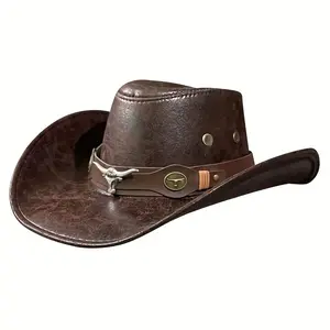 Western Cowboy Hat with Bull Head Buckle, Rivet, Wide Brim, Unisex Spring/Summer/Autumn Outdoor Fedora Hat